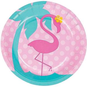 Fun Express Flamingo Paper Dessert Plates – Party Supplies – Disposable Summer Print Tableware Set- Print Plates & Bowls for Girl Kids Birthday Dinner Dessert Plates – 8 Pieces