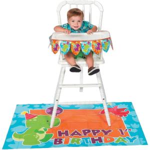 Fun Express Little Dino Happy 1st Birthday High Chair Decorating Kit – Baby Birthday Party Supplies with Banner & Floor Mat – Cute Dino-Themed Decorations for First Birthday Party – 2 Pieces