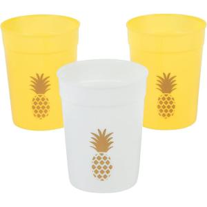 Fun Express Set of 12 Pieces Pineapple Plastic Party Cups, Each holds 12 oz, BPA Free Plastic, Luau, Tiki and Tropical Party Supplies, White & Gold