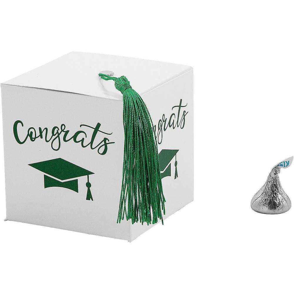 imageFun Express Graduation Party White Favor Boxes with Green Tassel 25 Pieces