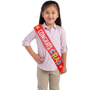 Fun Express Congrats Grad Kids SASH – Celebrate Their Achievement with Red Satin Congrats Grad Kids Sashes – 3″ x 48″ – Perfect Graduation Apparel Accessories for Parties – 12 Pieces