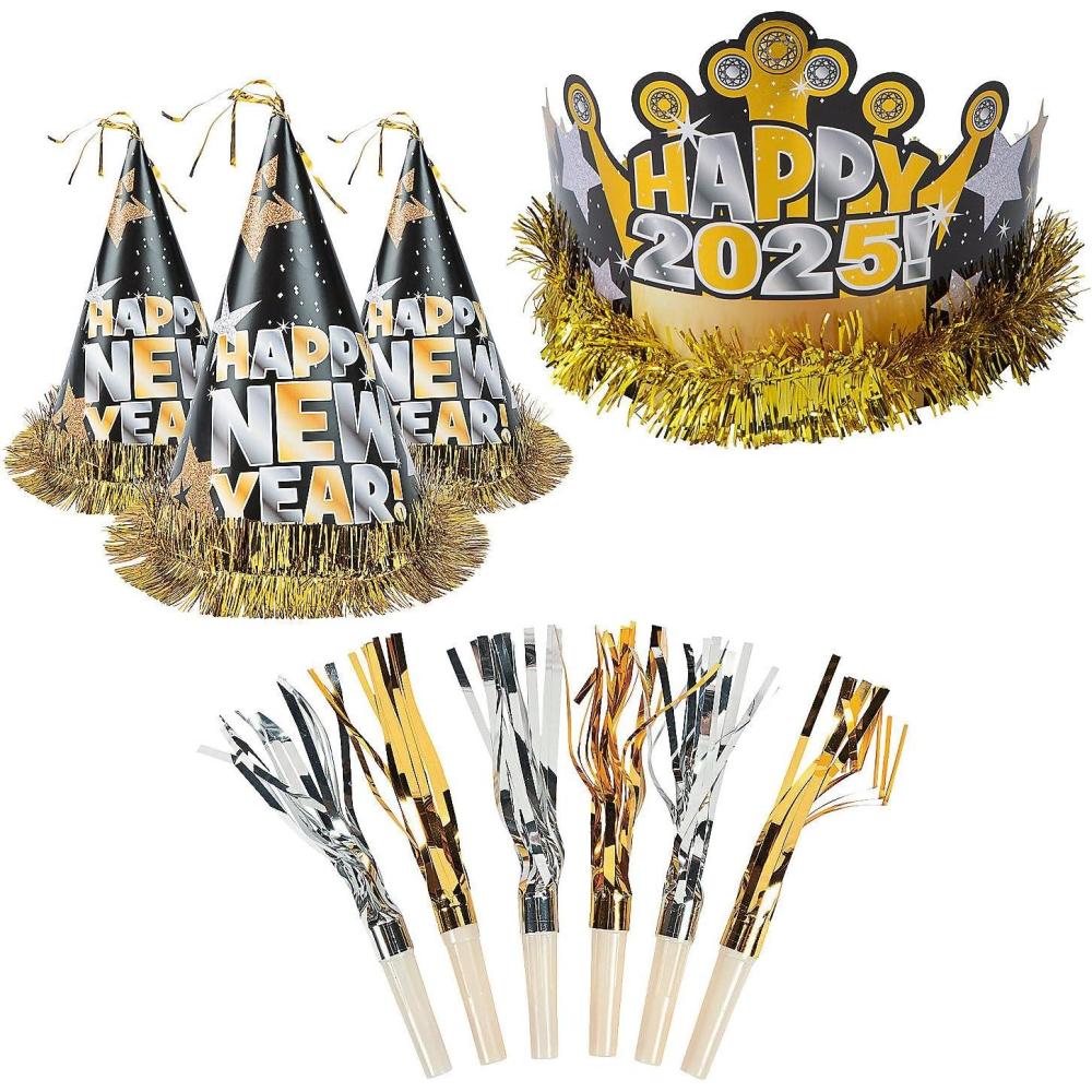 imageFun Express 48 Pieces 2025 Black Silver ampamp Gold New Years Eve Hat ampamp Noisemaker Kit for 24