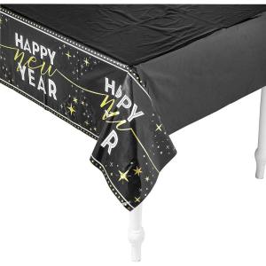 Fun Expess 54″ x 108″ Happy New Year Black, White & Gold Rectangle Disposable Plastic Tablecloth