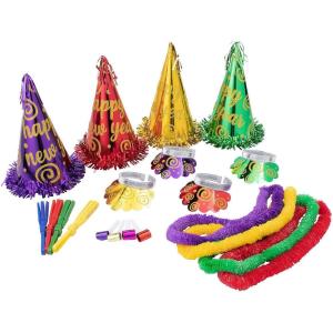 Fun Express New Year’s Eve Glittered Party Kit – Complete Celebration Set with Hats Noisemakers – Party Accessories for Large Gatherings Events & Festivities – Multi-Color Adults & Kids – 50 Pieces