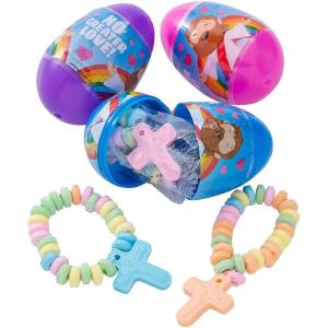 Fun Express Prefilled Easter Eggs Religious – 24 Christian Cross Candy Bracelets for Church Easter Egg Hunt Supplies | Jesus Themed Party Favors for Kids Sunday School & Faith-Based Celebrations