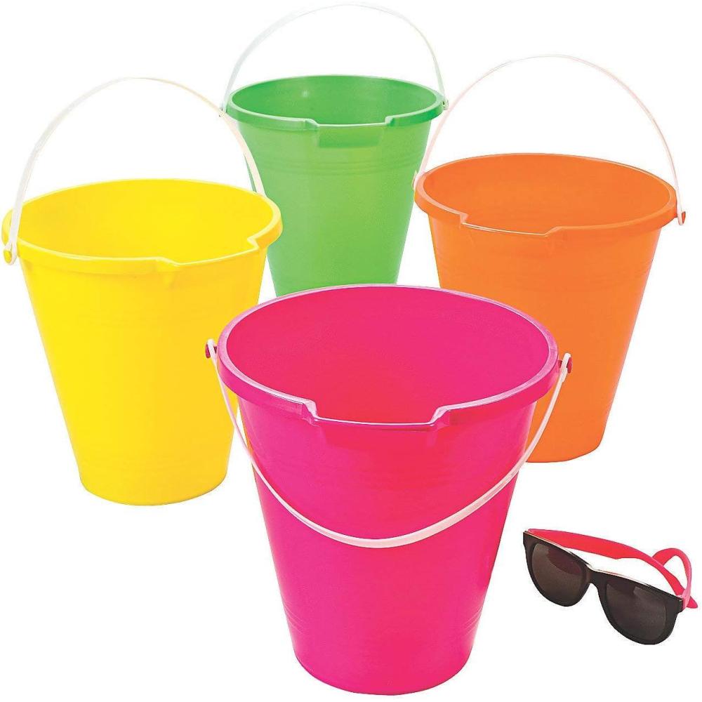 imageFun Express Bright Neon Sand Buckets  9quot Colorful Plastic Buckets with Handles  Perfect for Toys Beach Parties and Vacation Bible School Supplies  4 Pieces