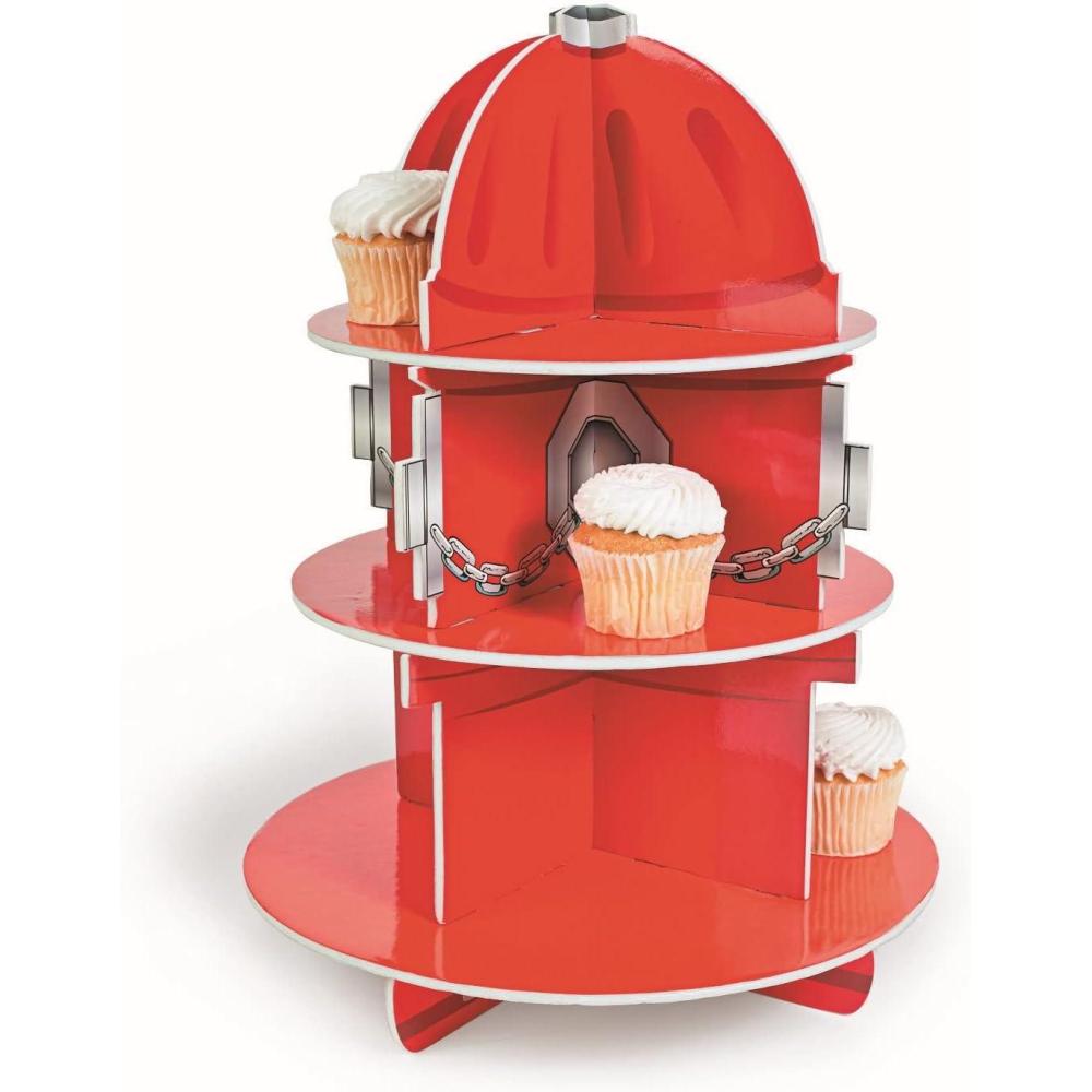 imageFun Express Fire Hydrant 3Tier Cupcake and Dessert Holder for Fire Truck Fireman Fire Fighter Themed Birthday Party Supplies and Decor  Red
