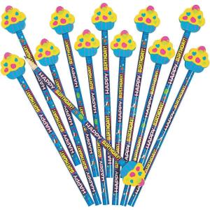 Fun Express Happy Birthday Pencils with Cupcake Topper, Bulk set of 12 – Party Favors and Handouts