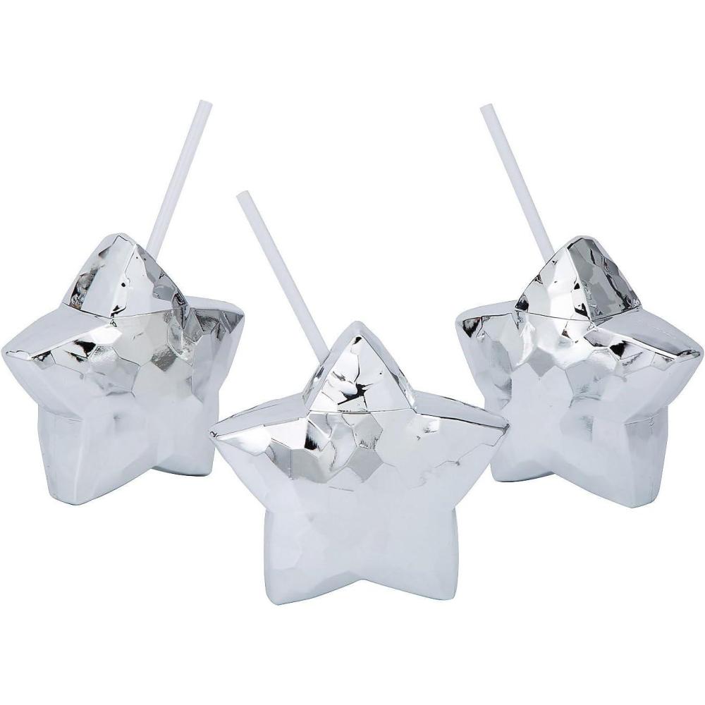 imageFun Express Silver Metallic StarShaped Reusable Plastic Cups with Lids ampamp Straws  6 Pc