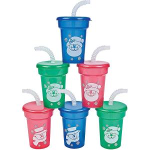 Fun Express Set of 12 Pieces Mini Christmas Sipper Cups with Straws and Lids, Each Holds 6 oz, Holiday Party Supplies, Multi-Color