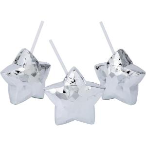 Fun Express Silver Metallic Star-Shaped Reusable Plastic Cups with Lids & Straws – 6 Pc