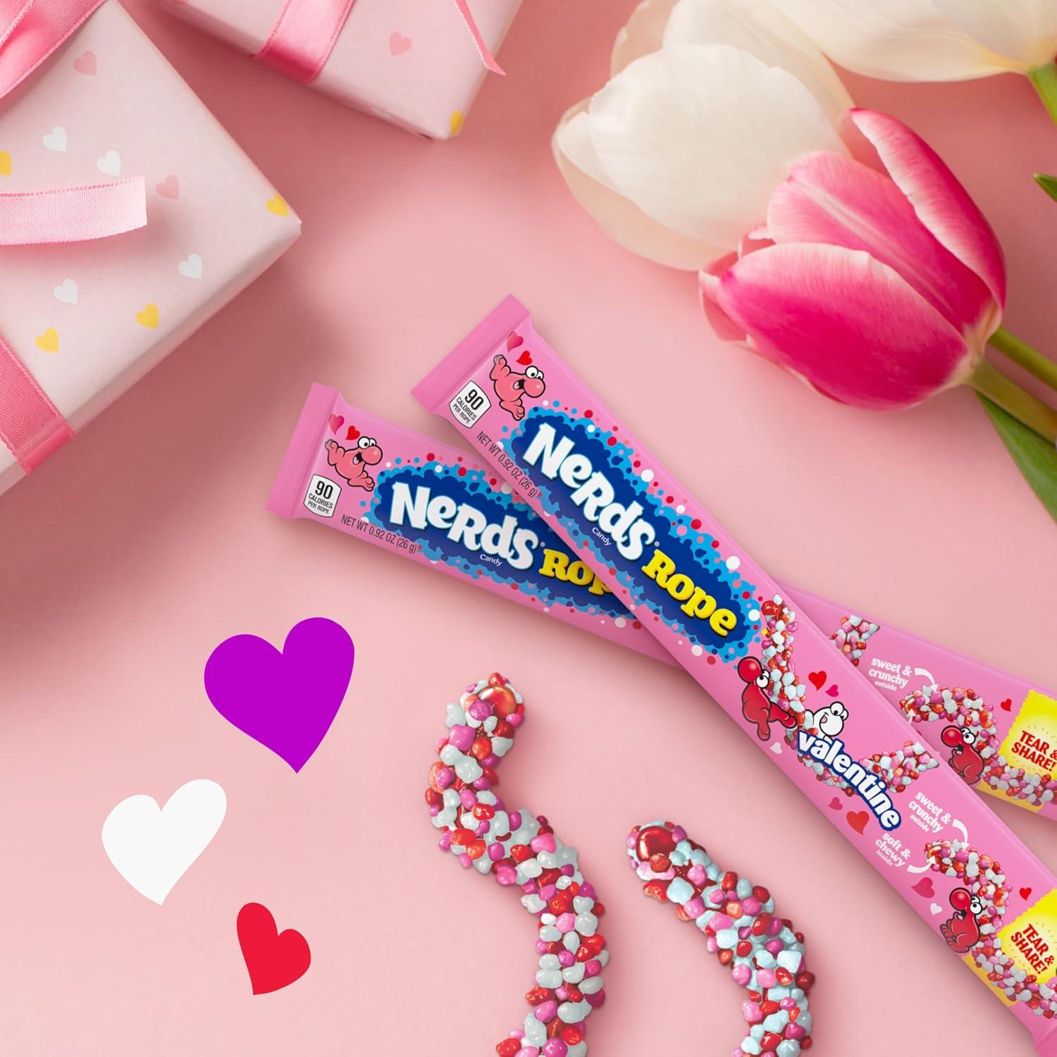 imageNERDS Rope Valentine Candy Sweet and Sour Candy Individually Wrapped Valentines Day Pink White and Red Rope Colorful Candy 092oz Pack of 24