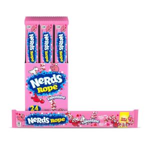 NERDS Rope Valentine Candy, Sweet and Sour Candy, Individually Wrapped, Valentine’s Day Pink, White, and Red Rope Colorful Candy, 0.92oz, Pack of 24