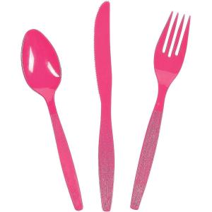 Bulk Plastic Cutlery Sets for 70, 210 Pieces, Spoons, Knives, Forks, Party and Wedding Supplies (Burgundy)(Hot Pink)