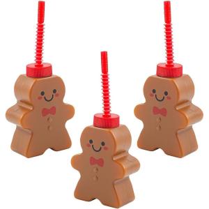 Fun Express 12 Pieces Gingerbread Man Cups with Lids & Straws, Holds 10 oz, BPA Free Plastic, Party Supplies, Brown & Red
