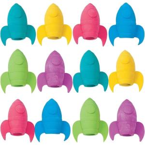 Fun Express Rocket Ship Pencil Top Erasers – Stationery – VBS Vacation Bible School Supplies/Decor – 12 Pieces
