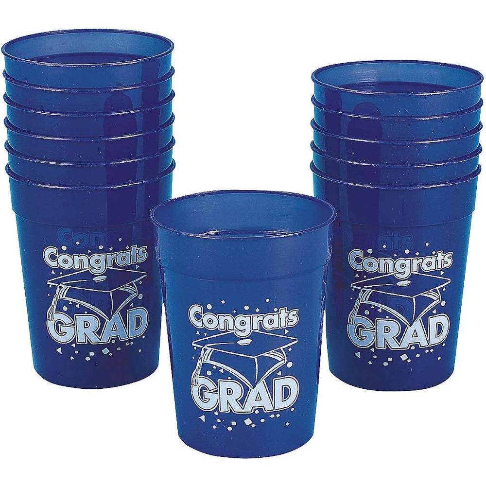 imageFun Express 12 Pieces Congrats Grad Plastic Cups for Graduation 10 oz BPA Free Plastic Graduation Party Supplies Print Tableware Print Cups Blue