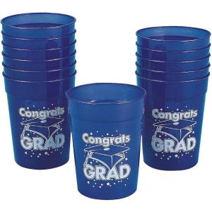 Fun Express 12 Pieces Congrats Grad Plastic Cups for Graduation, 10 oz, BPA Free Plastic, Graduation Party Supplies, Print Tableware, Print Cups, Blue