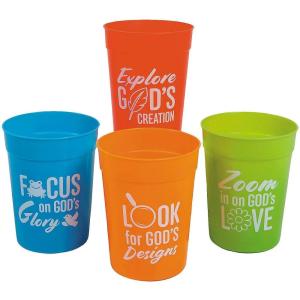 Fun Express 4″ 10 oz. Zoom In VBS Bright Color Reusable Plastic Cups – 12 Count, Vacation Bible School Supplies