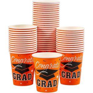 Fun Express Orange Graduation Party Congrats Grad & Cap Paper Cups Bulk 50 Pc