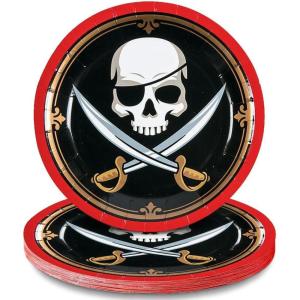 Fun Express Pirate Party Skull & Crossed Swords Paper Dessert Plates – Disposable Halloween Pirate Dessert Plates – Pirate Crossbones Skull Tableware Supplies Birthday Party Decoration – 8 Pieces