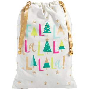 Fun Express Large White Canvas Christmas Gift Bag, Fa La La Design with Gold Accents, Drawstring Closure, 20 x 30 Inches, Holiday Storage and Gift Wrap