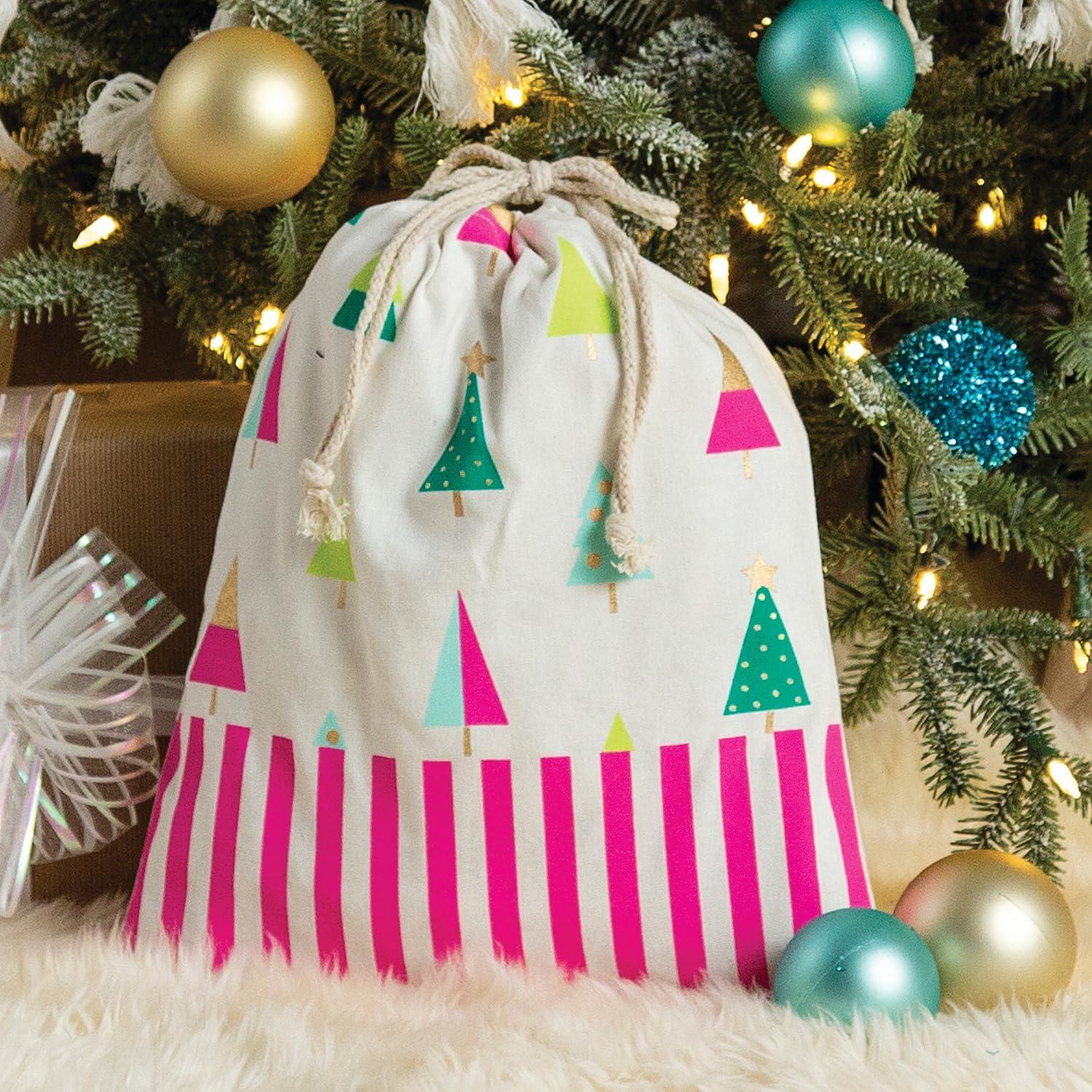 imageFun Express Fa La La Holiday Canvas Drawstring Gift Bag White with Pink Stripes and Colorful Christmas Trees Pattern 115 x 14 inches Small Storage Pouch for Presents and Stocking Stuffers