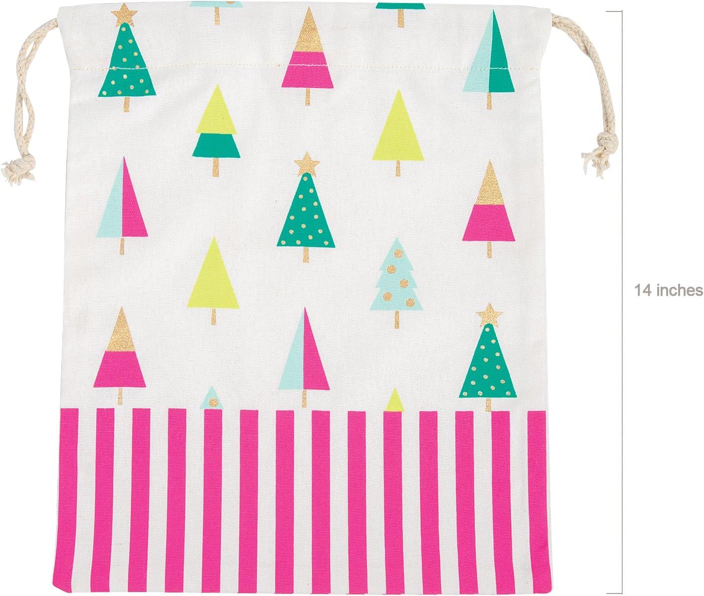 imageFun Express Fa La La Holiday Canvas Drawstring Gift Bag White with Pink Stripes and Colorful Christmas Trees Pattern 115 x 14 inches Small Storage Pouch for Presents and Stocking Stuffers