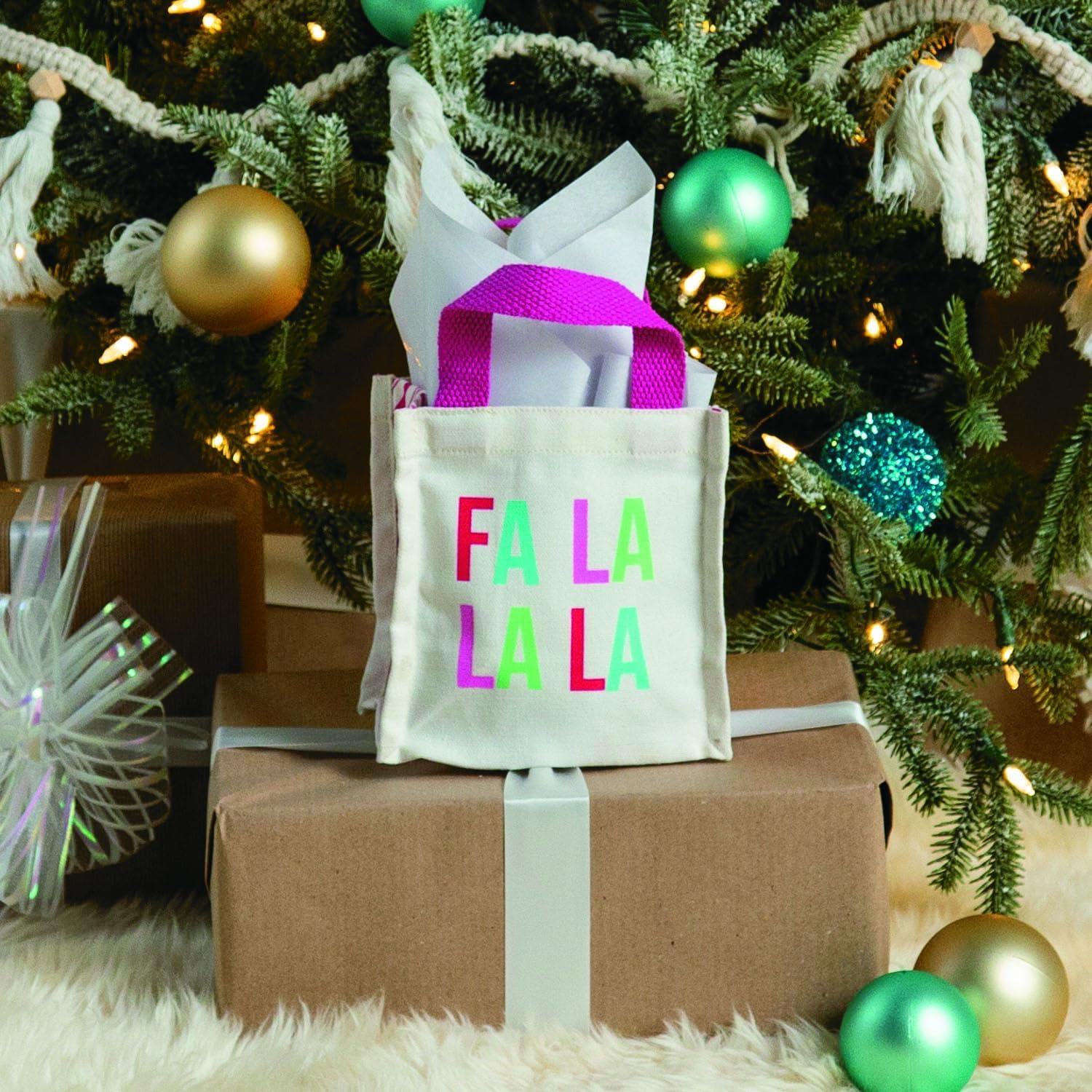 imageFun Express Mini Fa La La Canvas Tote Bags White with Pink Stripes 625 x 4 Inches Holiday Gift Bags for Christmas Presents and Stocking Stuffers 2 Pack