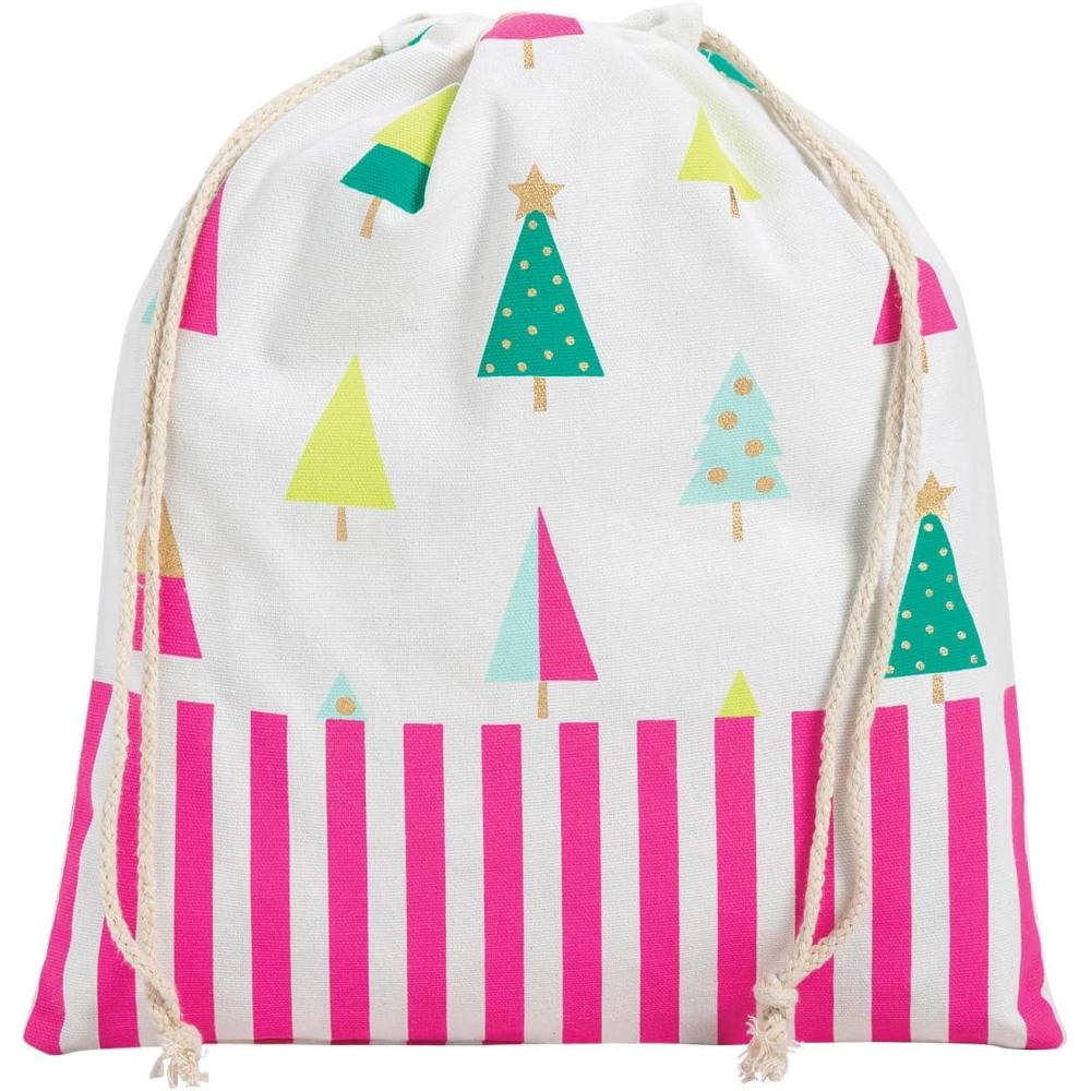 imageFun Express Fa La La Holiday Canvas Drawstring Gift Bag White with Pink Stripes and Colorful Christmas Trees Pattern 115 x 14 inches Small Storage Pouch for Presents and Stocking Stuffers