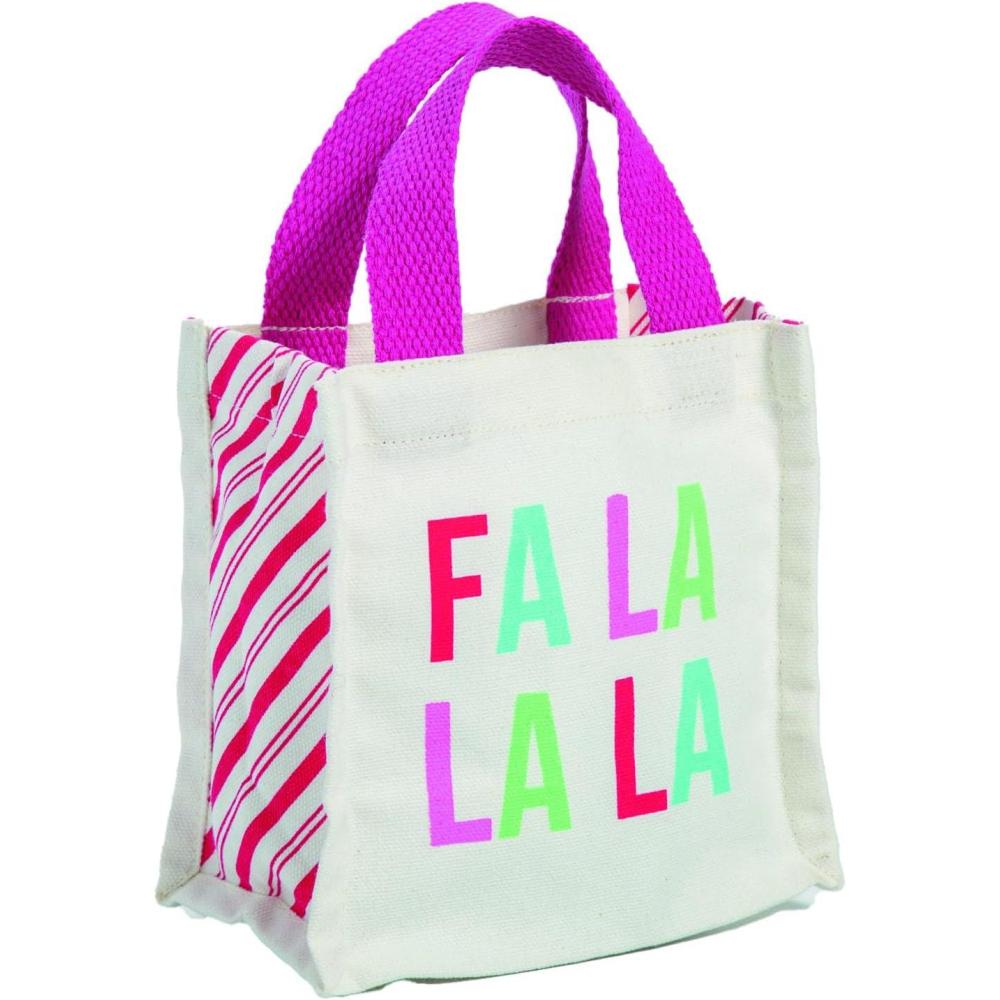 imageFun Express Mini Fa La La Canvas Tote Bags White with Pink Stripes 625 x 4 Inches Holiday Gift Bags for Christmas Presents and Stocking Stuffers 2 Pack