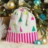 Fun Express Fa La La Holiday Canvas Drawstring Gift Bag, White with Pink Stripes and Colorful Christmas Trees Pattern, 11.5 x 14 inches, Small Storage Pouch for Presents and Stocking Stuffers