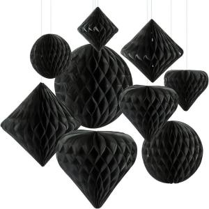 Black Hanging Paper Honeycomb Decoration Assortment – Party Decor – 12 Pieces
