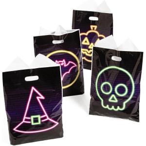 Fun Express Neon Halloween Goody Bags – 12.5” x 17” Bulk 100 Pack – Plastic Party Bags for Halloween – Bright Neon Colors – Perfect for Treats & Favors