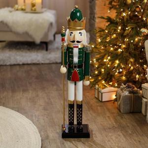 Fun Express 3 Ft. Large Classic Green Wooden Holiday Nutcracker with Scepter, Festive Christmas Decoration(Green)