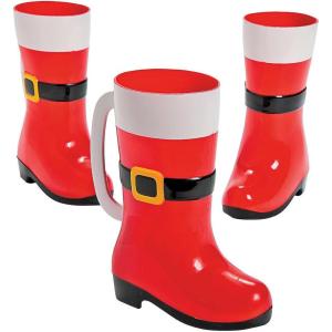 Fun Express Christmas Mugs Set of 12 – Santa Boot Plastic Coffee Mugs with Handles | 10 oz Holiday Party Cups for Kids & Adults | Reusable Christmas Party Supplies & Favors for Hot Chocolate Bar