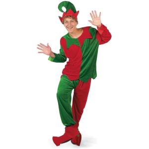 Fun Express Men’s Classic Christmas Elf Red & Green Polyester Costume – One Size First Most – 4 Piece Set