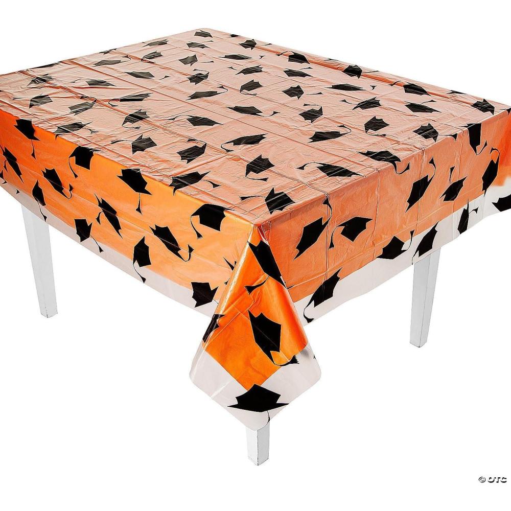 image:imageFun Express 54 x 108 Graduation Cap Disposable Plastic Tablecloth Kit 2 Piece Set Great for Graduation Celebrations OrangeOrange