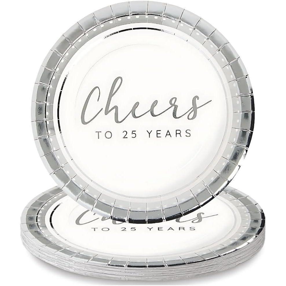 image:imageFun Express Cheers to 25 Years Silver Anniversary Party Paper Dessert Plates  Disposable Tableware Dessert Plates for Birthday Wedding Treats and Festivities Graduation Party Supplies  24 Pieces