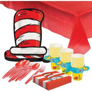 130 Piece Seuss Party Disposable Tableware Kit For 24 Guests, Includes Plates, Napkins, Cups, Tablecloth and Silverware