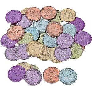 Fun Express 1 1/2″ Bulk 144 Pc. Multicolored Motivational Kindness Plastic Coins, Great for Classroom and Church Activites(1)
