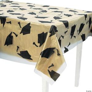 Fun Express 54″ x 108″ Graduation Cap Disposable Plastic Tablecloth Kit – 2 Piece Set – Great for Graduation Celebrations (Orange)(Gold)