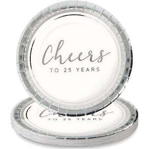 Fun Express Cheers to 25 Years Silver Anniversary Party Paper Dessert Plates – Disposable Tableware Dessert Plates for Birthday Wedding Treats and Festivities Graduation Party Supplies – 24 Pieces