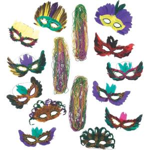 Fun Express Mardi Gras Masquerade Mask And Bead Bulk Assortment (set of 30) For Parties, Parade Floats and more