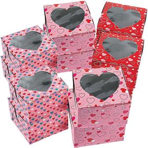 Assorted Styles Cardboard Cupcake Boxes (4.5″ x 4.5″ x 2.75″) Pack of 12 – Ideal for Valentine’s Day Parties, Events, Gifting, & More