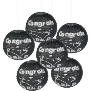 Fun Express Congrats Grad Black Paper Lanterns – 12″ Hanging Graduation Party Decor – 6 Pieces – Festive Lanterns for Celebrations