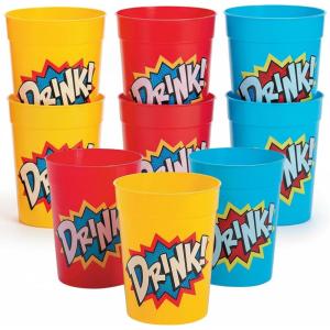 Fun Express Set of 12 Superhero Plastic Tumblers, Holds 10 oz, BPA Free Plastic, Birthday Party Supplies, Multi-Color