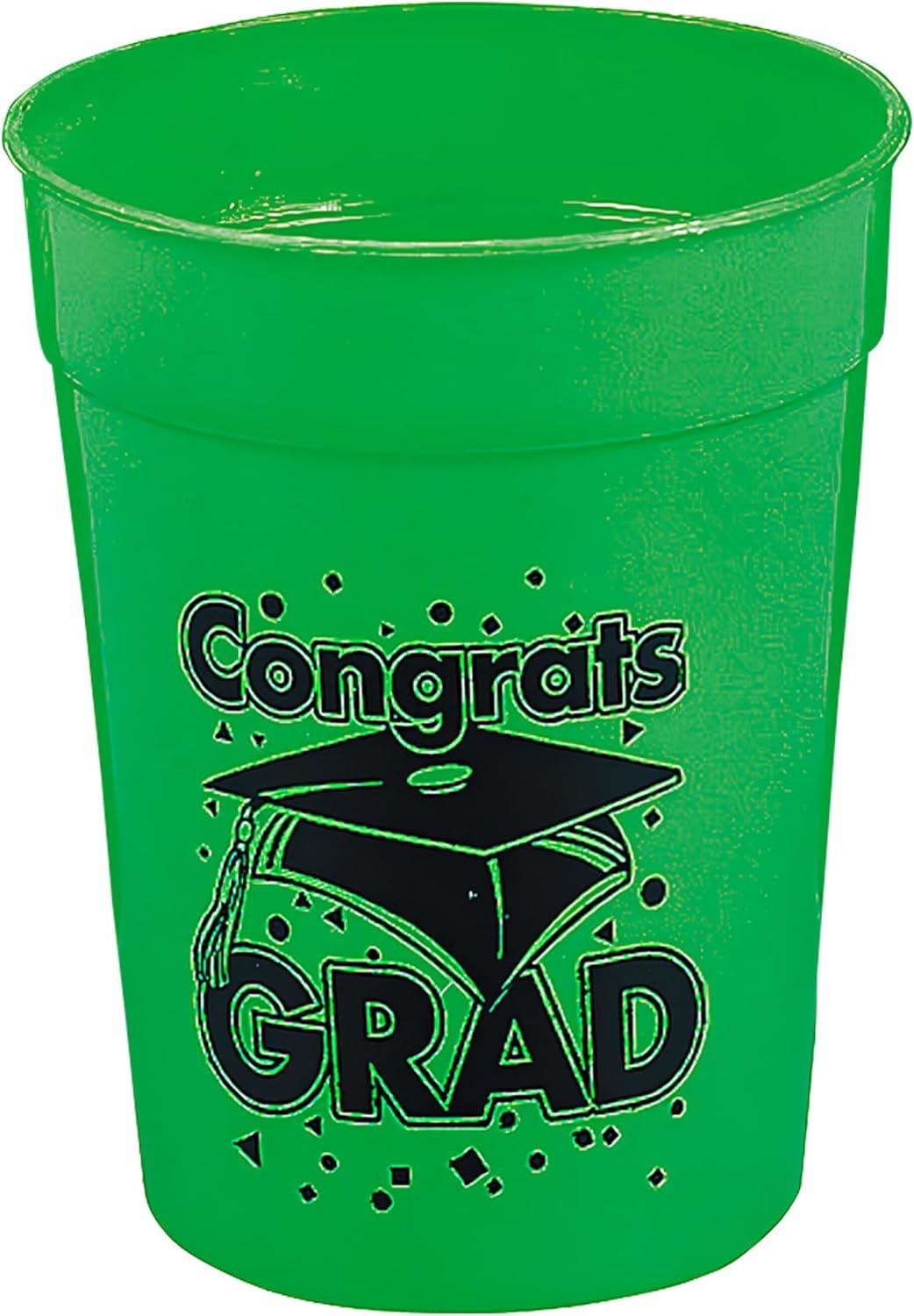 image:imageFun Express 12 Pieces Congrats Grad Plastic Cups for Graduation 10 oz BPA Free Plastic Graduation Party Supplies Print Tableware Print Cups Green