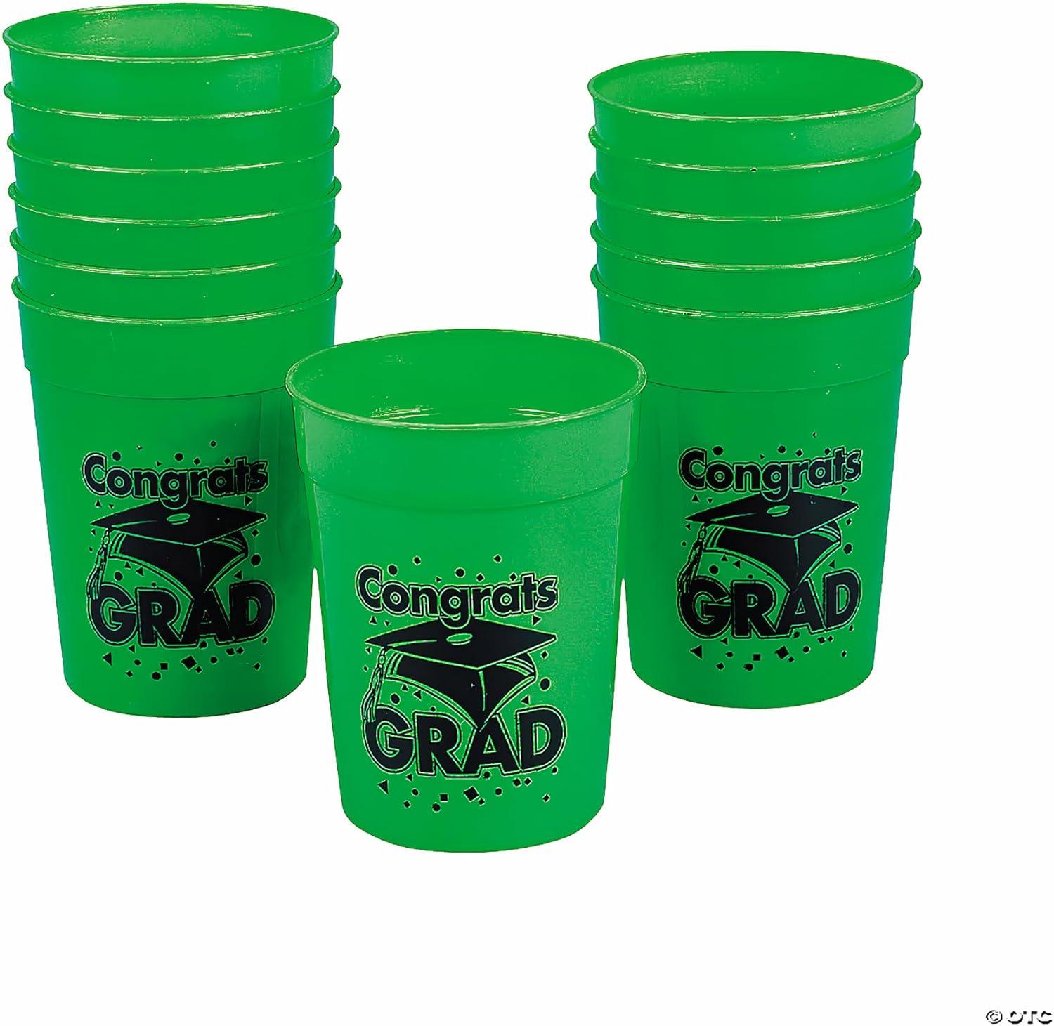 image:imageFun Express 12 Pieces Congrats Grad Plastic Cups for Graduation 10 oz BPA Free Plastic Graduation Party Supplies Print Tableware Print Cups Green