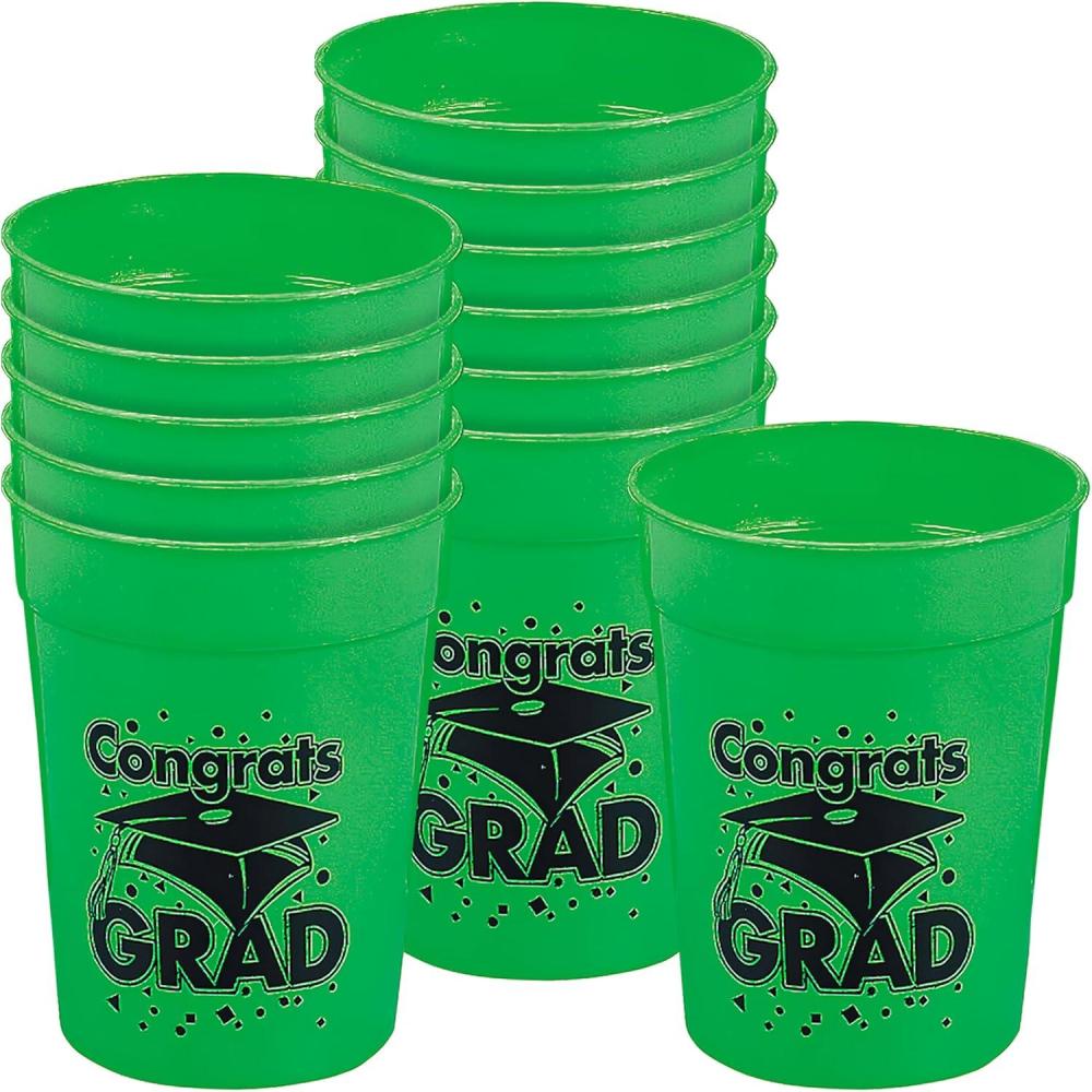 image:imageFun Express 12 Pieces Congrats Grad Plastic Cups for Graduation 10 oz BPA Free Plastic Graduation Party Supplies Print Tableware Print Cups Green